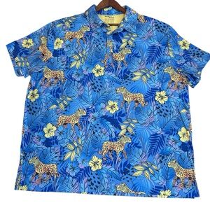 Birdie Bound Performance Polo Shirt Mens 3XL Blue Tropical Leopard Golf Preppy